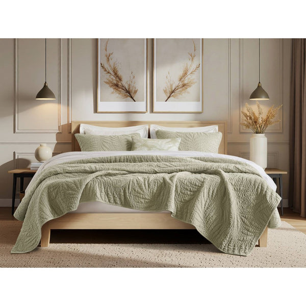 English Elm King Stone Washed Cotton Quilt Set Breathable Garment Dyed Bedroom Comfort Sage B035P496597
