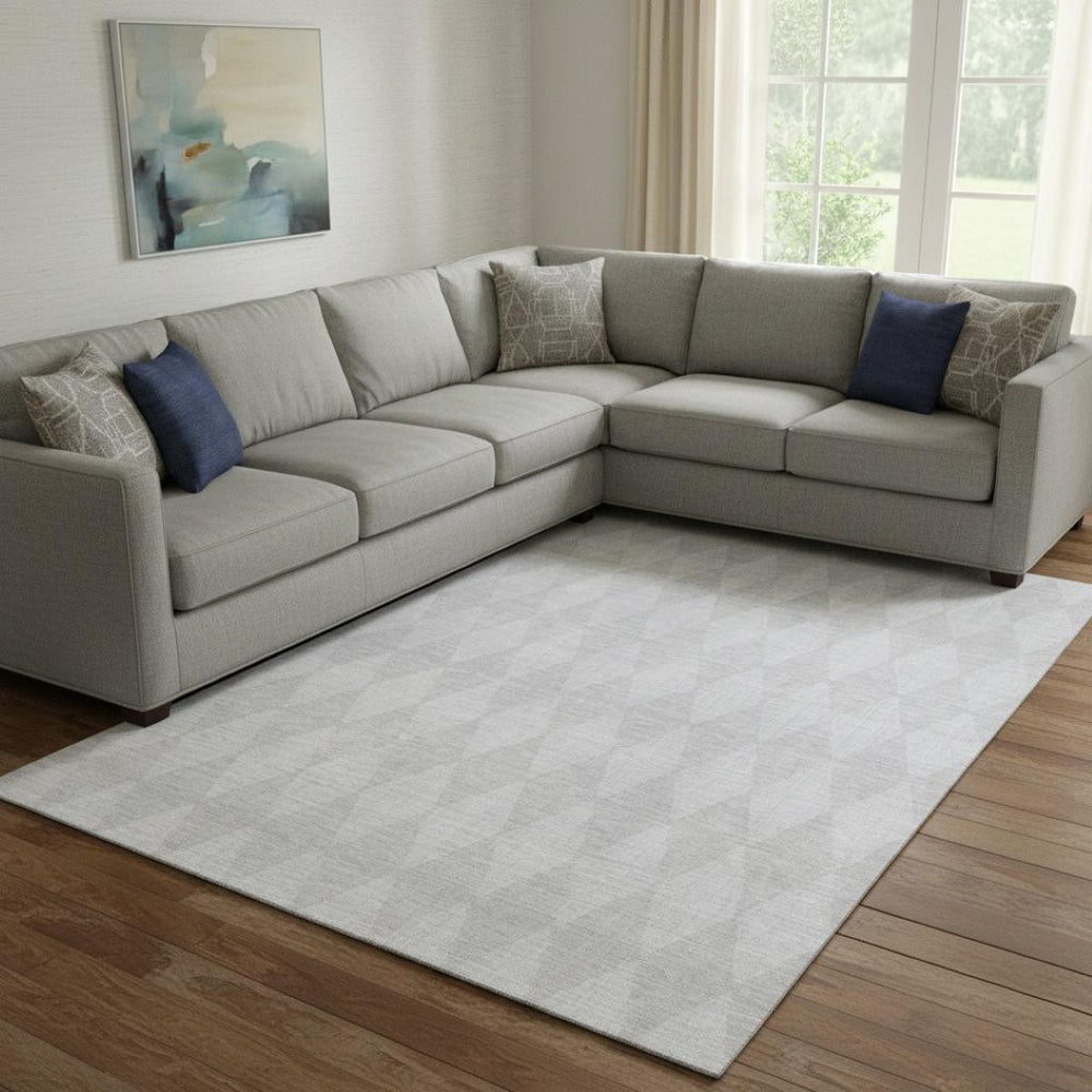 HomeRoots 9' X 12' Stylish Pewter and Ivory Diamond Rug – Washable, UV-Protected, Ideal for High-Traffic Areas 650103