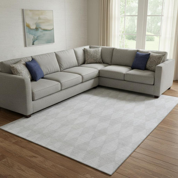 HomeRoots 10' X 14' Elegant Pewter and Ivory Diamond Area Rug – Washable, UV-Protected, Pet-Friendly Design! 650104