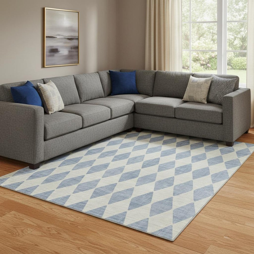 HomeRoots 10' Sky Blue & Ivory Diamond Washable Area Rug - UV Protected, Stain Resistant for Busy Homes 650110
