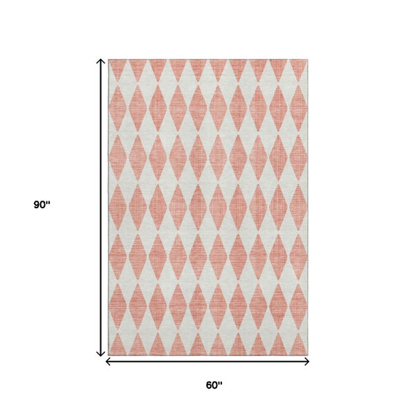 HomeRoots 5' X 8' Salmon and Ivory Diamond Area Rug - Washable, Stain-Resistant, UV-Protected for High-Traffic Areas 650112