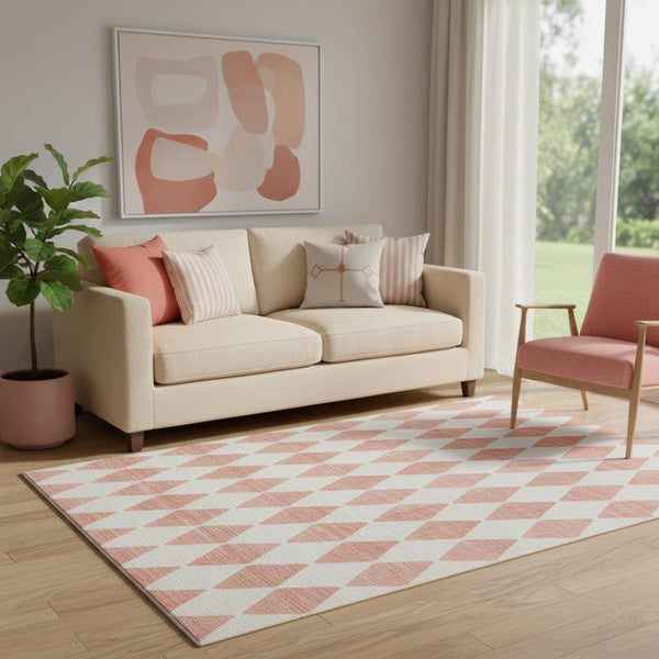 HomeRoots 5' X 8' Salmon and Ivory Diamond Area Rug - Washable, Stain-Resistant, UV-Protected for High-Traffic Areas 650112