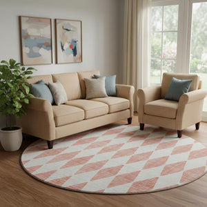 HomeRoots 8' Salmon and Ivory Diamond Washable Round Rug – Stain-Resistant, UV-Protected, Perfect for Homes! 650113