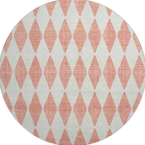 HomeRoots 8' Salmon and Ivory Diamond Washable Round Rug – Stain-Resistant, UV-Protected, Perfect for Homes! 650113