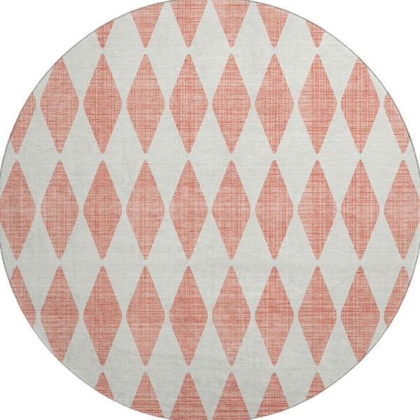 HomeRoots 8' Salmon and Ivory Diamond Washable Round Rug – Stain-Resistant, UV-Protected, Perfect for Homes! 650113