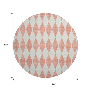 HomeRoots 8' Salmon and Ivory Diamond Washable Round Rug – Stain-Resistant, UV-Protected, Perfect for Homes! 650113