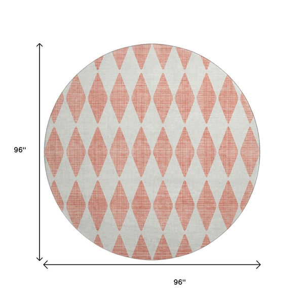 HomeRoots 8' Salmon and Ivory Diamond Washable Round Rug – Stain-Resistant, UV-Protected, Perfect for Homes! 650113