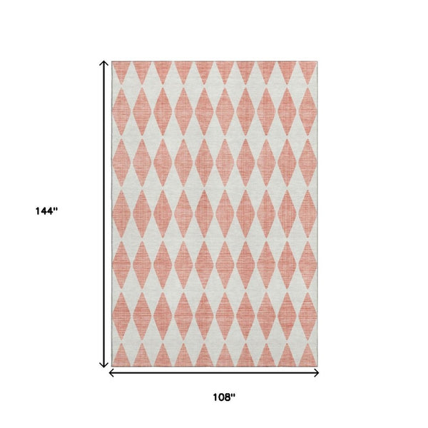 HomeRoots 9' X 12' Salmon and Ivory Diamond Area Rug - Washable, UV Protected, Durable Design for Homes 650115