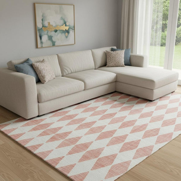 HomeRoots 9' X 12' Salmon and Ivory Diamond Area Rug - Washable, UV Protected, Durable Design for Homes 650115