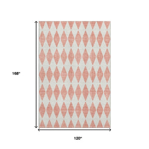 HomeRoots 10' X 14' Salmon And Ivory Diamond Area Rug - Washable, UV-Protected, Stain-Resistant, Durable Design 650116