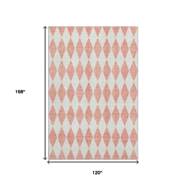 HomeRoots 10' X 14' Salmon And Ivory Diamond Area Rug - Washable, UV-Protected, Stain-Resistant, Durable Design 650116