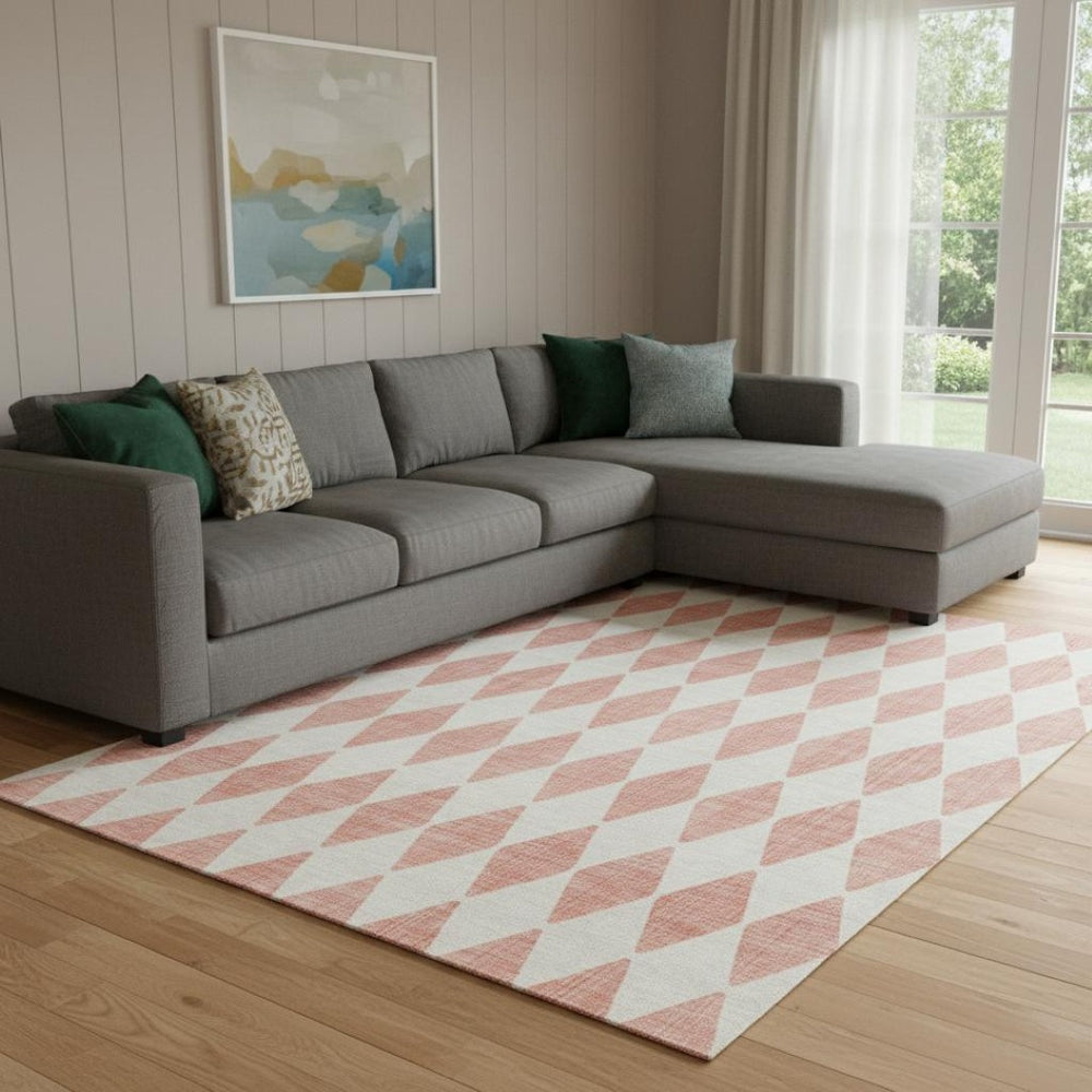 HomeRoots 10' X 14' Salmon And Ivory Diamond Area Rug - Washable, UV-Protected, Stain-Resistant, Durable Design 650116
