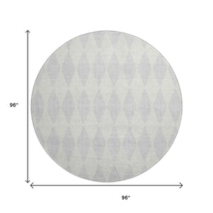 HomeRoots 8' Silver And Ivory Diamond Round Rug - Washable, UV Protected, Stain Resistant for High-Traffic Areas 650119