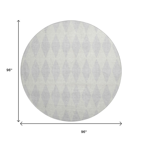 HomeRoots 8' Silver And Ivory Diamond Round Rug - Washable, UV Protected, Stain Resistant for High-Traffic Areas 650119