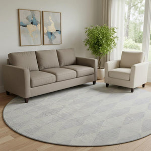 HomeRoots 8' Silver And Ivory Diamond Round Rug - Washable, UV Protected, Stain Resistant for High-Traffic Areas 650119