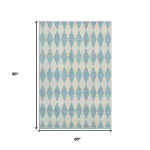 HomeRoots 5' X 8' Teal and Ivory Diamond Area Rug – Washable, UV Protected, Durable Design for High-Traffic Spaces 650124