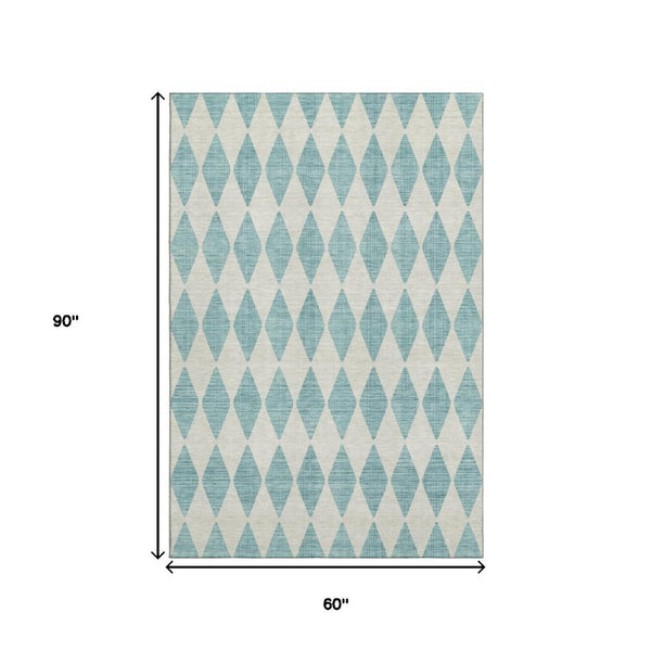 HomeRoots 5' X 8' Teal and Ivory Diamond Area Rug – Washable, UV Protected, Durable Design for High-Traffic Spaces 650124