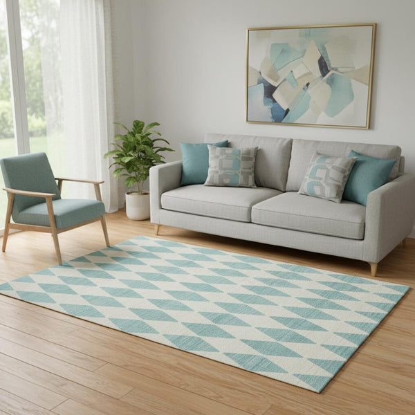 HomeRoots 5' X 8' Teal and Ivory Diamond Area Rug – Washable, UV Protected, Durable Design for High-Traffic Spaces 650124