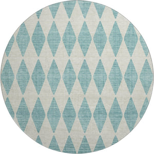 HomeRoots 8' Teal And Ivory Diamond Round Rug - Washable, UV-Protected, Kid & Pet-Friendly Home Decor 650125