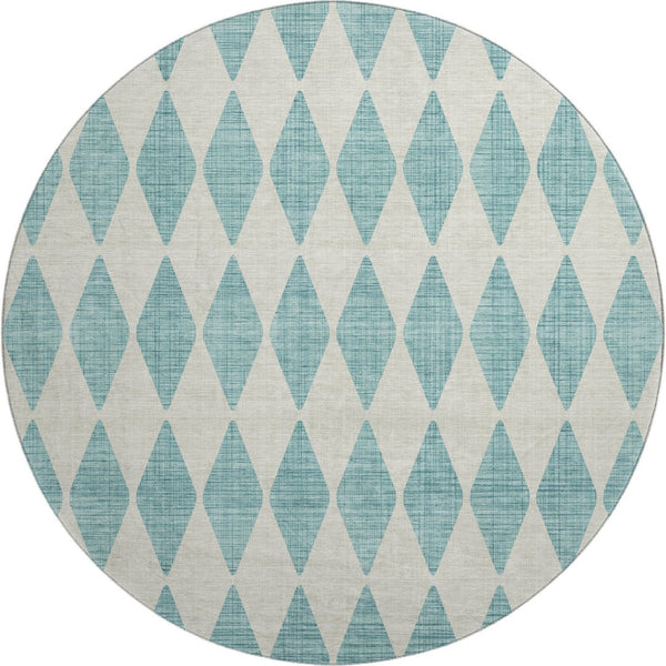 HomeRoots 8' Teal And Ivory Diamond Round Rug - Washable, UV-Protected, Kid & Pet-Friendly Home Decor 650125