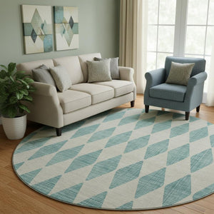 HomeRoots 8' Teal And Ivory Diamond Round Rug - Washable, UV-Protected, Kid & Pet-Friendly Home Decor 650125
