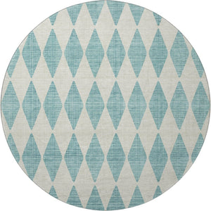 HomeRoots 8' Teal And Ivory Diamond Round Rug - Washable, UV-Protected, Kid & Pet-Friendly Home Decor 650125