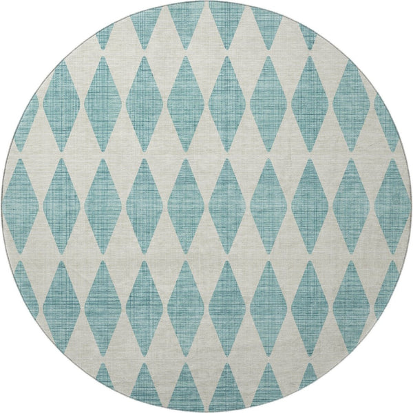 HomeRoots 8' Teal And Ivory Diamond Round Rug - Washable, UV-Protected, Kid & Pet-Friendly Home Decor 650125