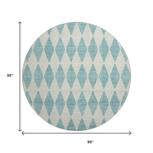 HomeRoots 8' Teal And Ivory Diamond Round Rug - Washable, UV-Protected, Kid & Pet-Friendly Home Decor 650125
