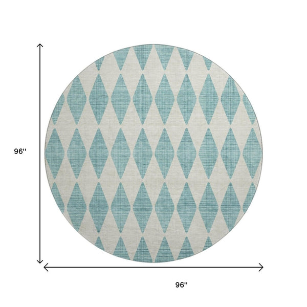 HomeRoots 8' Teal And Ivory Diamond Round Rug - Washable, UV-Protected, Kid & Pet-Friendly Home Decor 650125