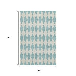 HomeRoots 8' X 10' Teal & Ivory Diamond Area Rug - Washable, UV-Protected, Stain-Resistant for Everyday Living 650126