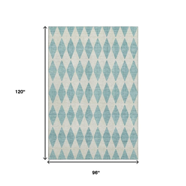 HomeRoots 8' X 10' Teal & Ivory Diamond Area Rug - Washable, UV-Protected, Stain-Resistant for Everyday Living 650126