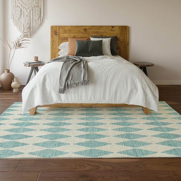 HomeRoots 8' X 10' Teal & Ivory Diamond Area Rug - Washable, UV-Protected, Stain-Resistant for Everyday Living 650126