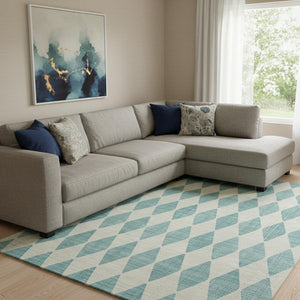 HomeRoots 8' X 10' Teal & Ivory Diamond Area Rug - Washable, UV-Protected, Stain-Resistant for Everyday Living 650126