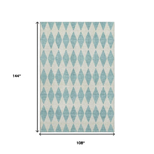 HomeRoots 9' X 12' Teal and Ivory Diamond Area Rug - Washable, UV Resistant, Perfect for Modern Living Spaces 650127