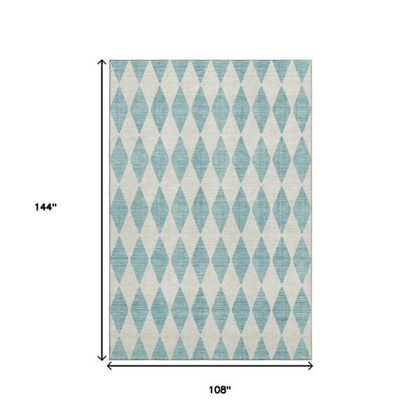 HomeRoots 9' X 12' Teal and Ivory Diamond Area Rug - Washable, UV Resistant, Perfect for Modern Living Spaces 650127