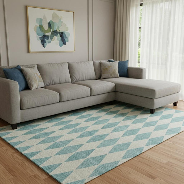 HomeRoots 9' X 12' Teal and Ivory Diamond Area Rug - Washable, UV Resistant, Perfect for Modern Living Spaces 650127
