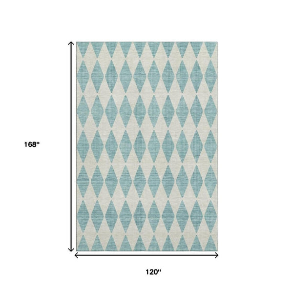 HomeRoots 10' Teal & Ivory Diamond Washable Area Rug - UV Protected, Stain Resistant, Ideal for High-Traffic Spaces 650128