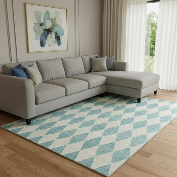 HomeRoots 10' Teal & Ivory Diamond Washable Area Rug - UV Protected, Stain Resistant, Ideal for High-Traffic Spaces 650128