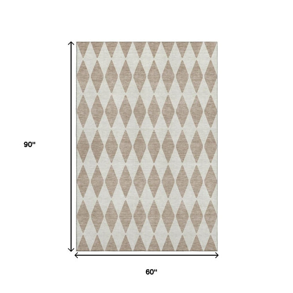 HomeRoots 5' X 8' Taupe & Ivory Diamond Area Rug - Stylish, UV-Protected, Washable, Perfect for High-Traffic Spaces 650130