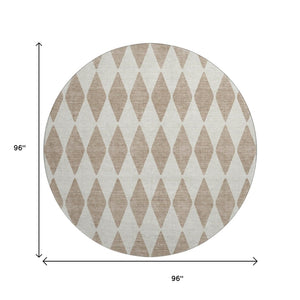 HomeRoots 8' Taupe and Ivory Diamond Round Rug – Washable, UV-Protected, Perfect for High-Traffic Areas! 650131