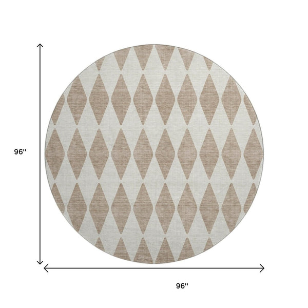 HomeRoots 8' Taupe and Ivory Diamond Round Rug – Washable, UV-Protected, Perfect for High-Traffic Areas! 650131