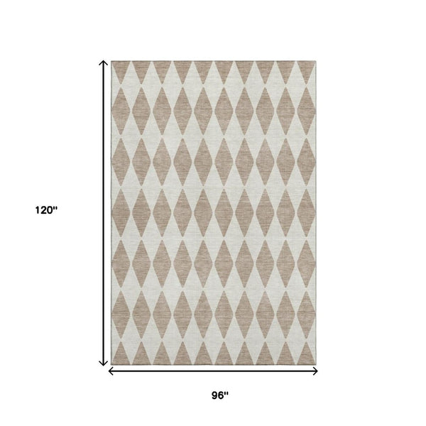 HomeRoots 8' X 10' Stylish Taupe & Ivory Diamond Area Rug - Washable, UV Protected & Ideal for High-Traffic Spaces 650132