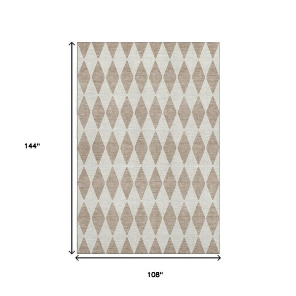 HomeRoots 9' X 12' Taupe And Ivory Diamond Area Rug - Durable, Stain-Resistant, UV Protected for Any Room 650133