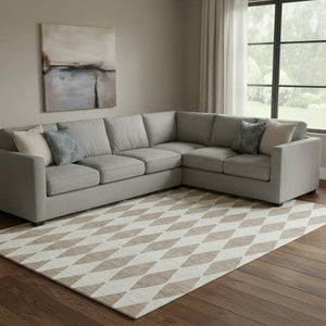 HomeRoots 9' X 12' Taupe And Ivory Diamond Area Rug - Durable, Stain-Resistant, UV Protected for Any Room 650133