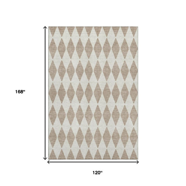 HomeRoots 10' Taupe and Ivory Diamond Area Rug - Washable, Stain-Resistant, UV Protected for High Traffic Spaces 650134