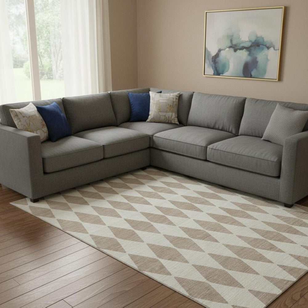 HomeRoots 10' Taupe and Ivory Diamond Area Rug - Washable, Stain-Resistant, UV Protected for High Traffic Spaces 650134