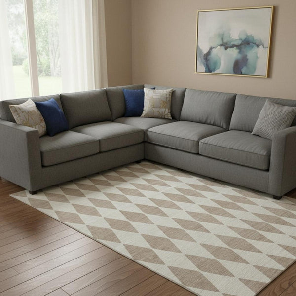 HomeRoots 10' Taupe and Ivory Diamond Area Rug - Washable, Stain-Resistant, UV Protected for High Traffic Spaces 650134