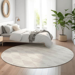 HomeRoots 8' Ivory and Beige Diamond Washable Round Rug – Stylish, Durable, UV-Protected for Everyday Use 650137