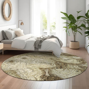 HomeRoots 8' Beige and Brown Abstract Washable Round Rug – Durable, UV-Protected, Perfect for Busy Homes! 650143