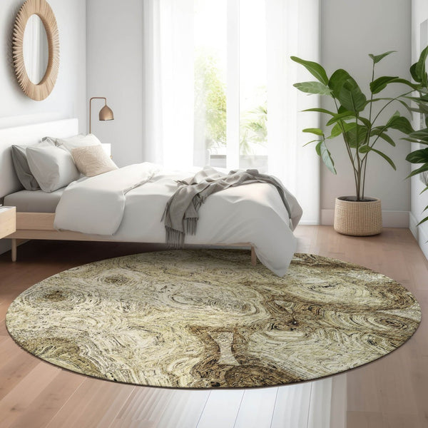 HomeRoots 8' Beige and Brown Abstract Washable Round Rug – Durable, UV-Protected, Perfect for Busy Homes! 650143